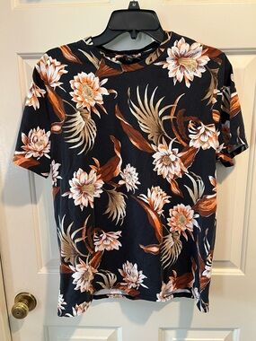 Express Black Short-Sleeve Floral Tee with Orange and Cream Accents